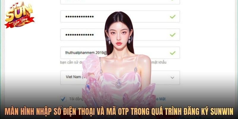 Màn hình nhập số điện thoại và mã OTP trong quá trình đăng ký Sunwin